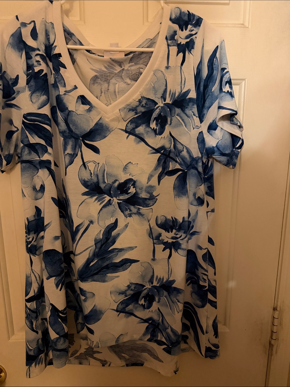 LuLaRoe White Short Sleeve V-Neck Top with Blue Floral Print